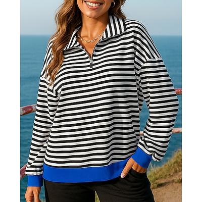 Weihnachten Damen Streifen Pullover Lässige Oberteile Viertelreißverschluss Mode Langarm Oberteil Athleisure Herbst Winddicht Wandern Training Laufen Sportbekleidung Sportkleidung Blau Rosa Rote