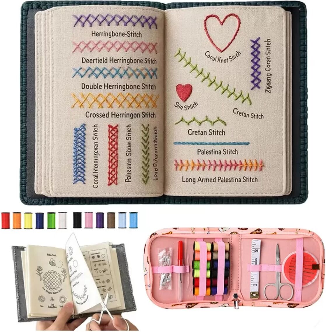 INF Stitch Book Embroidery Kit — Filz-Stichführer mit kompletter Nähwerkzeug-Ausrüstung, Multicolor-Garnset, kompakt 14x10x2cm