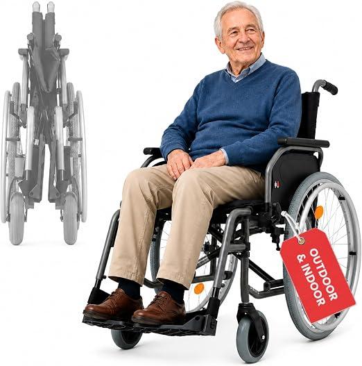 S-Eco 2 Rollstuhl faltbar leicht [46cm Sitzbreite] | fixe Sitzhöhe, Kunststoff-Gabel, Duo-Armlehnen, Klappbarer Reiserollstuhl, Wohnung & Unterwegs