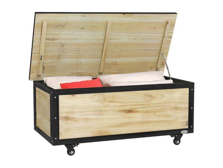 Coffre de jardin en bois naturel - 121 L - 2 roulettes - Bois de sapin massif - Peinture hydrofuge
