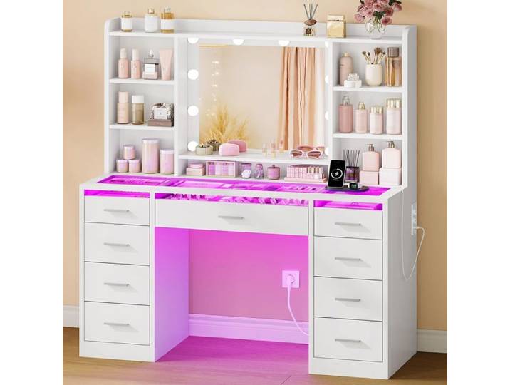 Grande Coiffeuse Avec Miroir Plateau En Verre+Rgb Luminosité&3 Couleurs Réglables Coiffeuse Avec Prise 9 Tiroirs 7 Étagères Table