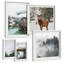 BILDER SET 5er Set - 50x50 cm & 20x30 cm & 40x60 cm Weißer Rahmen - Bergstrände Wolken Wasser