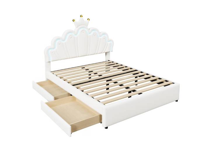 HOMVRA Lit Double 140x200 cm Lit Princesse - LED - 2 Tiroirs - Sommier à Lattes - PU Blanc (Sans Matelas)