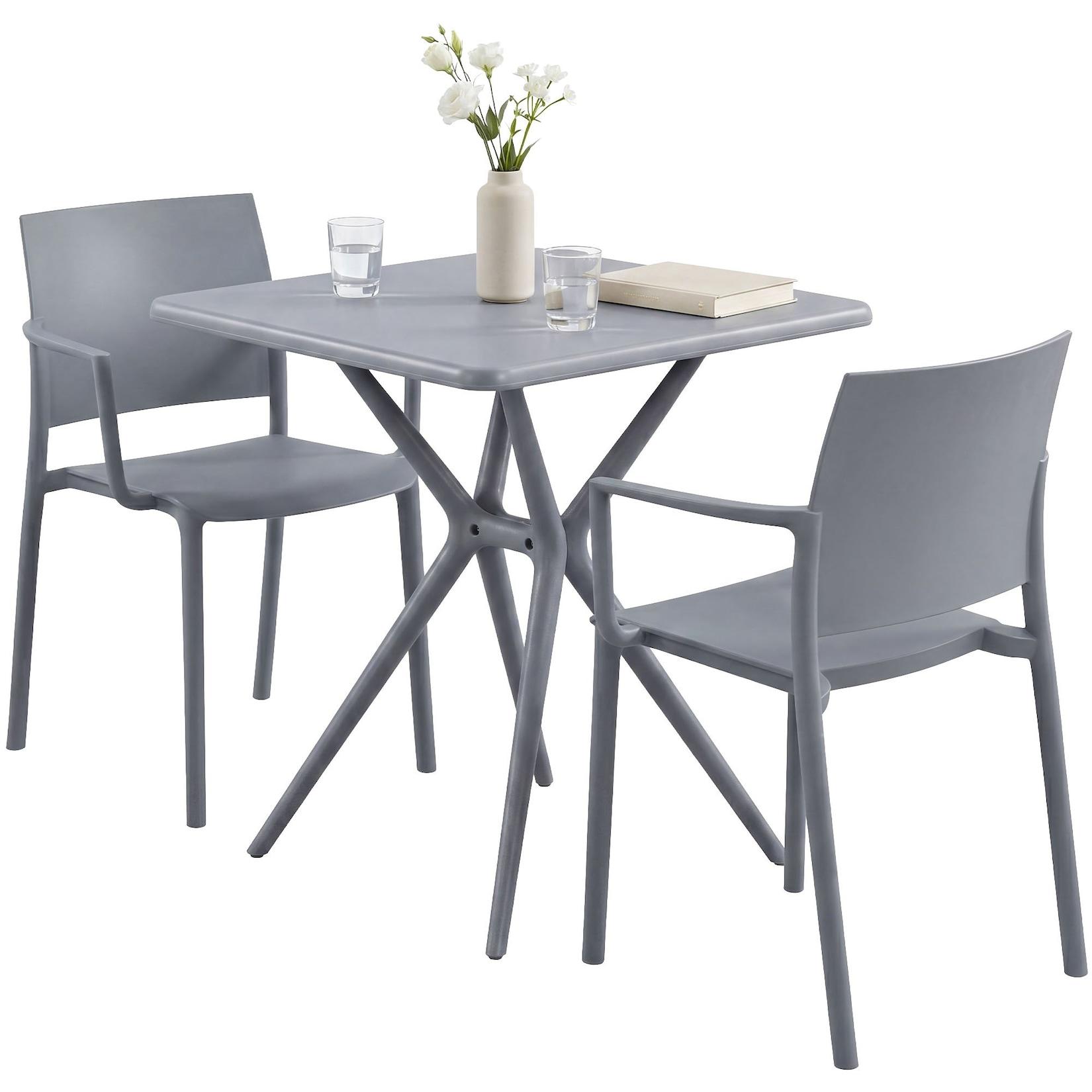 CLP Gartenmöbel-Set wetterfest Pula, 2 Stapelstühle und quadratischer Bistrotisch, Sitzgruppe aus Kunststoff für Balkon, Terrasse und Garten