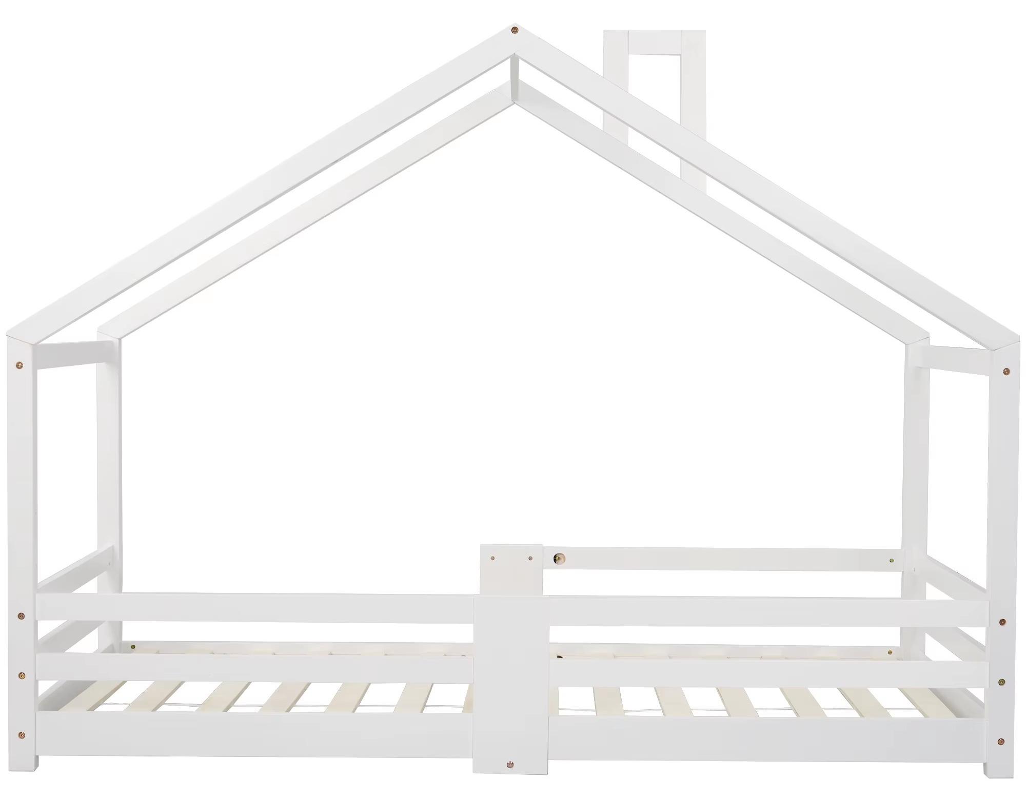 Hausbett für Kinder - Hausmodell - Massivholz - 90 x 200 cm - Robuster Lattenrost - Schornstein- und Rausfallschutz - Ohne Matratze - Weiß Stil A