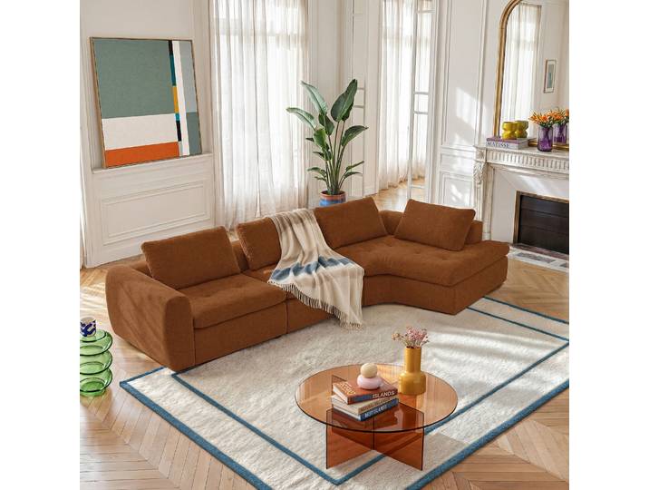 HABITAT - Grand canapé d'angle droit incurvé modulable en tissu - Marron noisette - Ameria