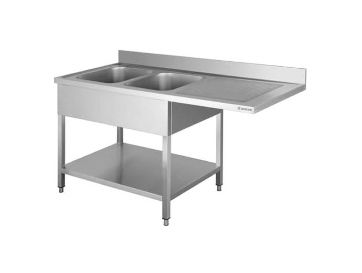 GastroHero Spülzentrum, 2 Becken, 160x60 cm, Edelstahl SPZT-BASIC16X6L2 2 Becken links 40x40 cm, Abtropffläche rechts, mit 10 cm Aufkantung & Grundboden, für Gastronomie & Profi-Küche