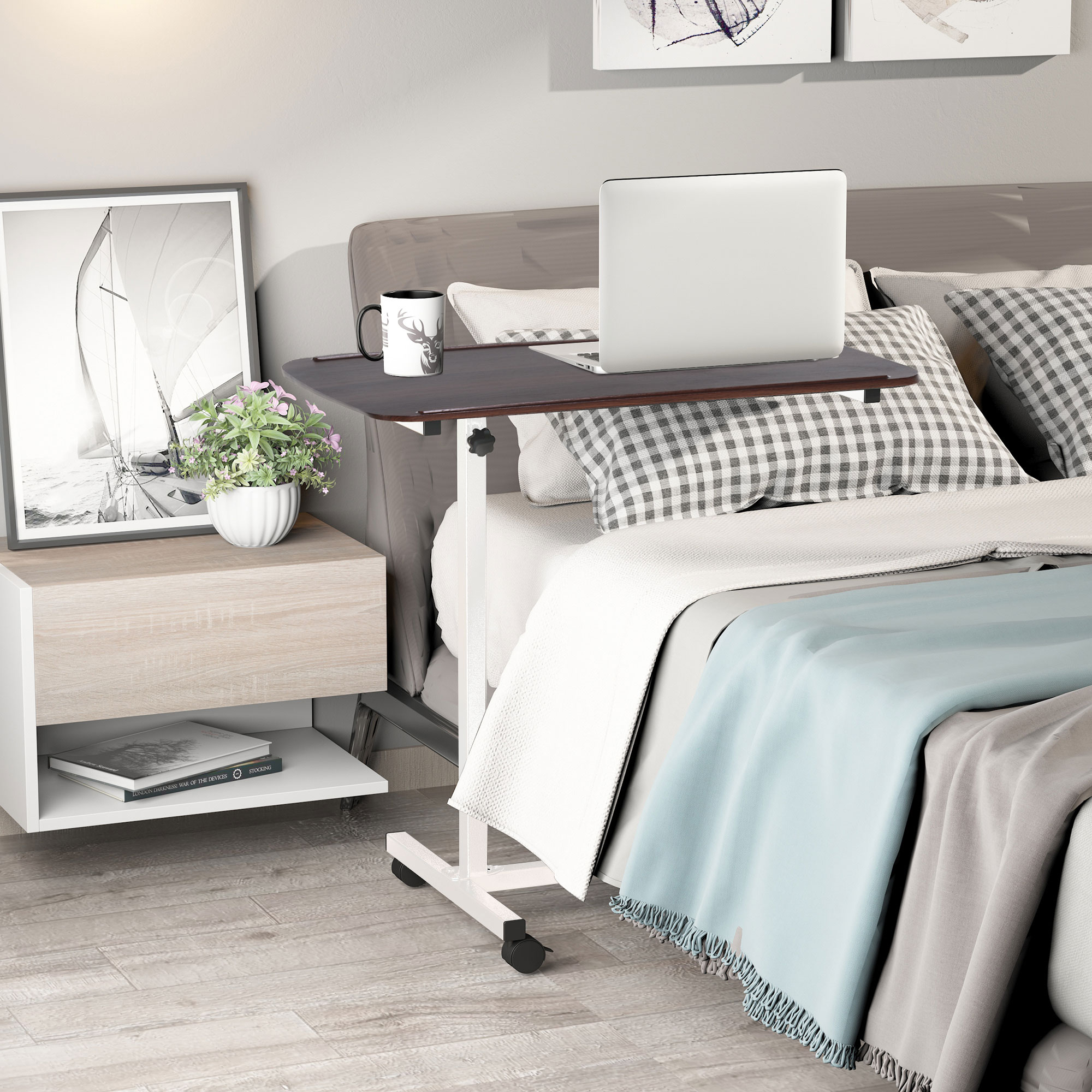 Homcom Tavolino Ausiliario con Ruote per Divano e Letto Altezza Regolabile e Struttura in Acciaio 77x40x76-100 cm Noce Scuro   Aosom Italy