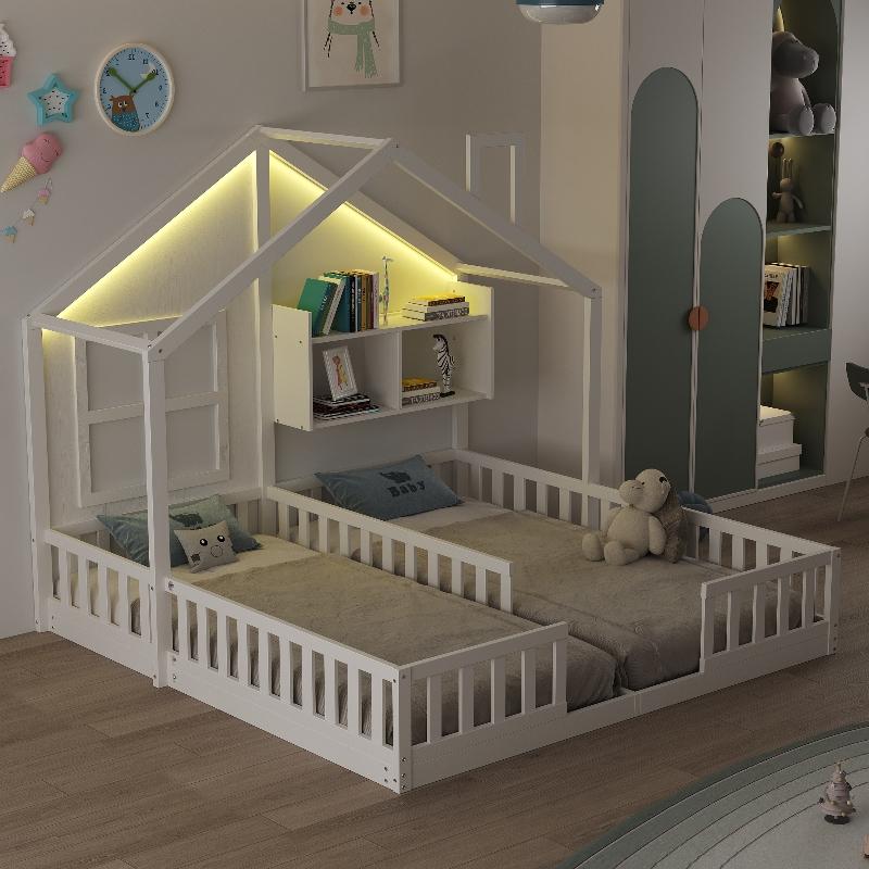 Kinderbett aus Holz 90x200cm als freistehendes Doppelbett, Hausbett mit Fenstern und Schornstein, LED-Beleuchtung, Sicherheitsgeländer, Lattenrost