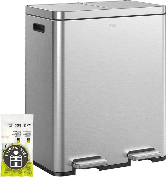 Mülleimer mit 2 Fächern - Küchen-Mülltrenner - Zum Trennen von Müll - Soft-Close-Deckel - 60 Liter Gesamtvolumen - Gebürsteter Edelstahl