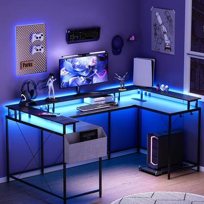Garvee U-Shaped Computer Desk with Power Outlets & RGB Lights – Reversible l-Shaped Office Desk