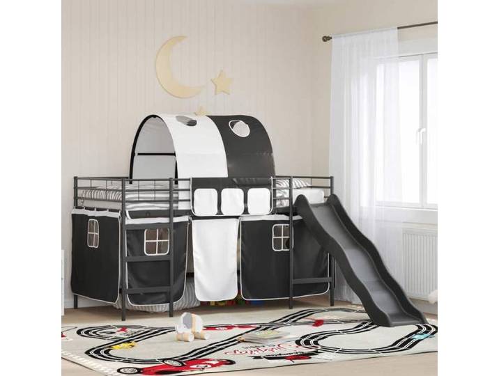 Moderne Cadre de lit superposé pour enfants - avec rideaux - Uni - Noir - Métал - Lit couchage @FR 4044