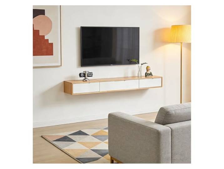 Sxlawesom Schwebendes TV-Lowboard mit Schubladen, Wandmontage TV-Konsole Schwebendes TV-Regal TV-Lowboard mit Kabelmanagement für Wohn- und Schlafzimmer(Natural,180x24x20cm)
