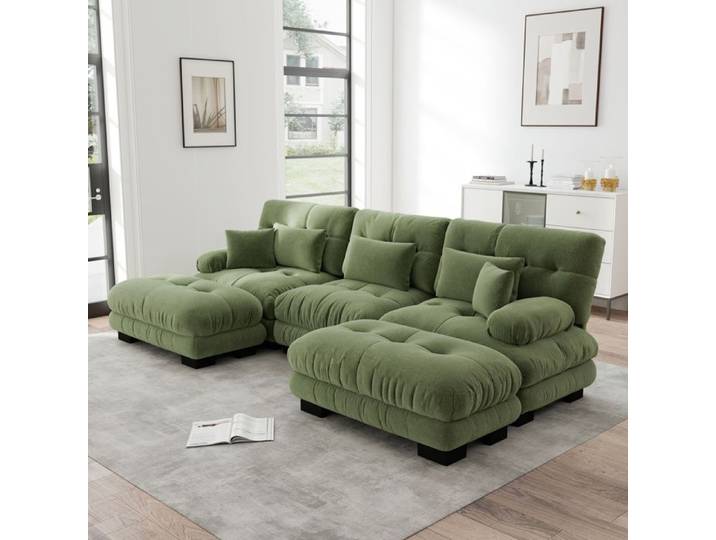 Canapé modulable en chenille verte avec ottomans assortis