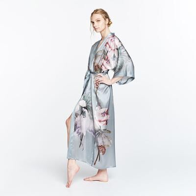KIM + ONO Kuren Silk Long Kimono Robe   Floral Crane Kimono - mineral / one size