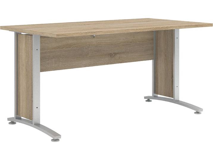 Prisme Schreibtisch D Eiche Nachbildung und silbergrauer Stahl.
