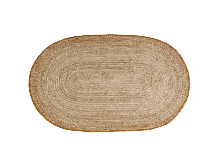 Ovaler Teppich aus geflochtener Jute und ockerfarbener Baumwolle, 90 x 150 cm