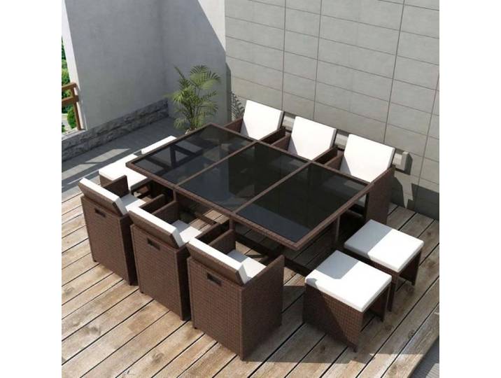 Salon de jardin encastrable 11 pcs avec coussins Rotin Marron
