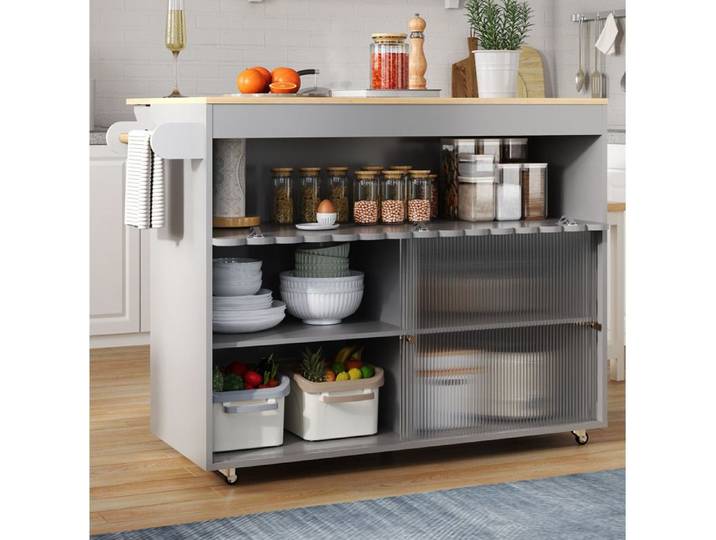 Desserte de cuisine 122x46-69x91 cm plateau rabattable portes en verre trempé MDF gris