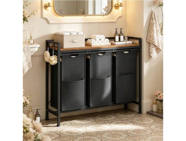 SENVIRO Meuble de salle de bain range-linge 3 paniers 120 L noir et brun rustique