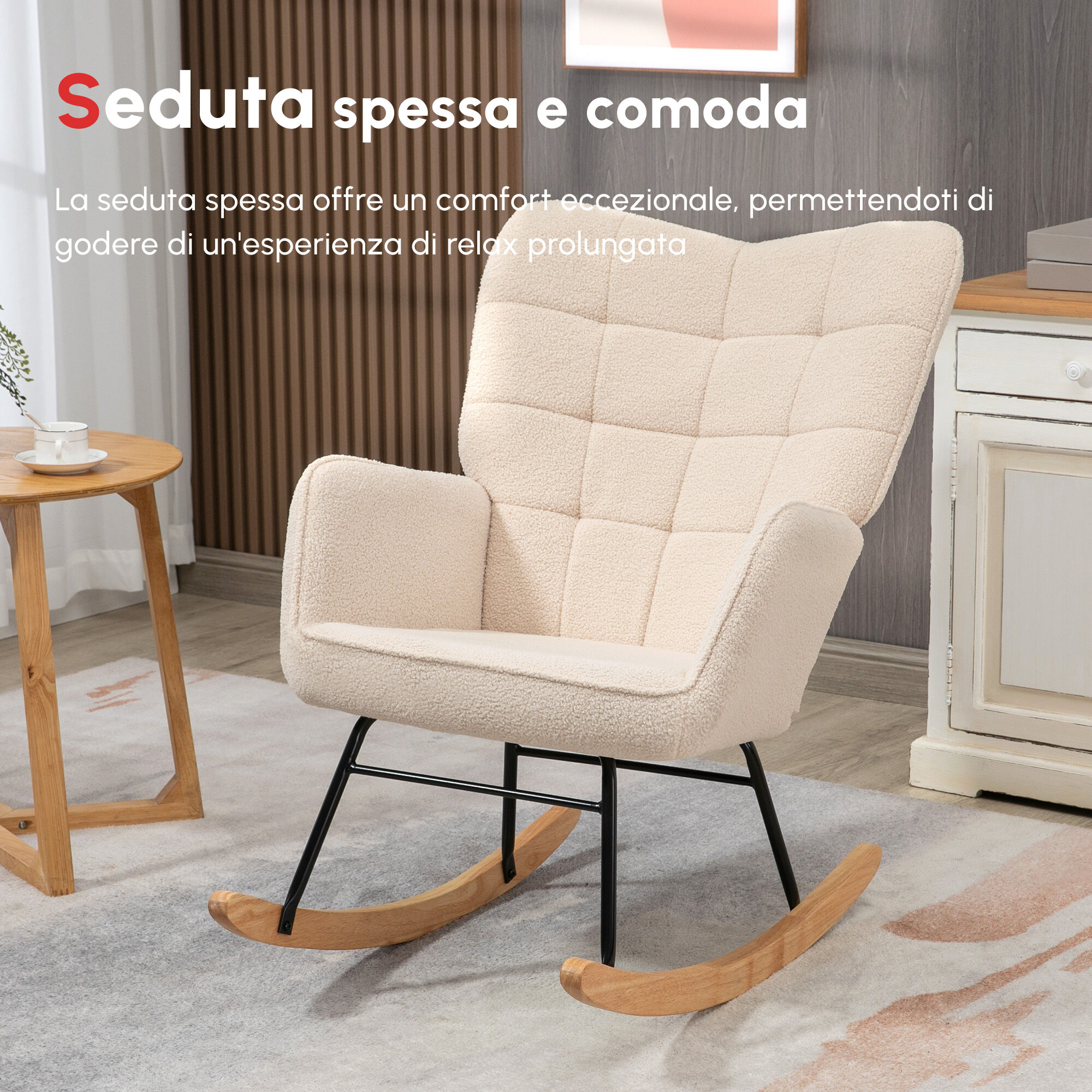 Altro Poltrona A Dondolo Imbottita In Legno E Acciaio Per Soggiorno E Camera Da Letto, 71x98x101 Cm, Beige