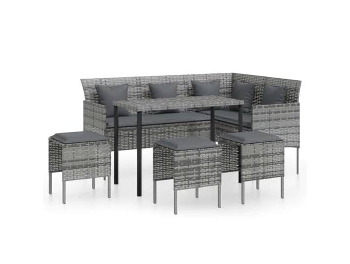 Makastle Sofagarnitur L-Form PE-Rattan Grau mit Tisch & Hocker