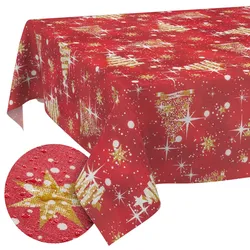 Stoff Tischdecke Textil Weihnachtstischdecke abwaschbar Tischtuch Baumwolle Polyester Christmas Rot - 100 x 140 cm, Schnittkante