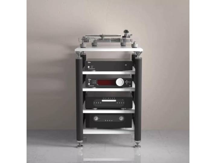 Modulares HIFI‑Audio‑Rack – Verstellbare Ablagen, Plattenspielerständer Mehrstöckiges Audio‑Regal, vielfältige Farben, schwingungsdämpfendes Design(Black+White,4‑Tier)