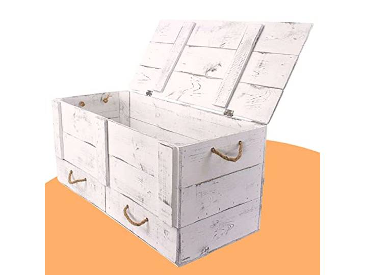 Moooble Holztruhe mit Deckel + 2 Schubladen & Kordeln 85 x 39 x 40 cm stabile Vintage Truhenbank zum sitzen & verstauen Sitzbank