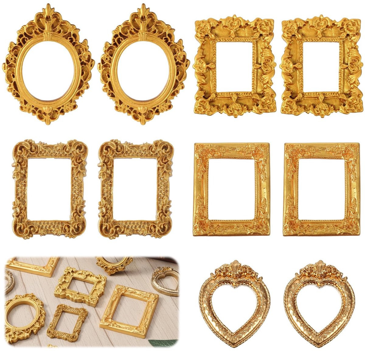 Dailygoods Set van 10 Mini Gouden Fotolijsten - Antieke Hars - Vintage Decoratie