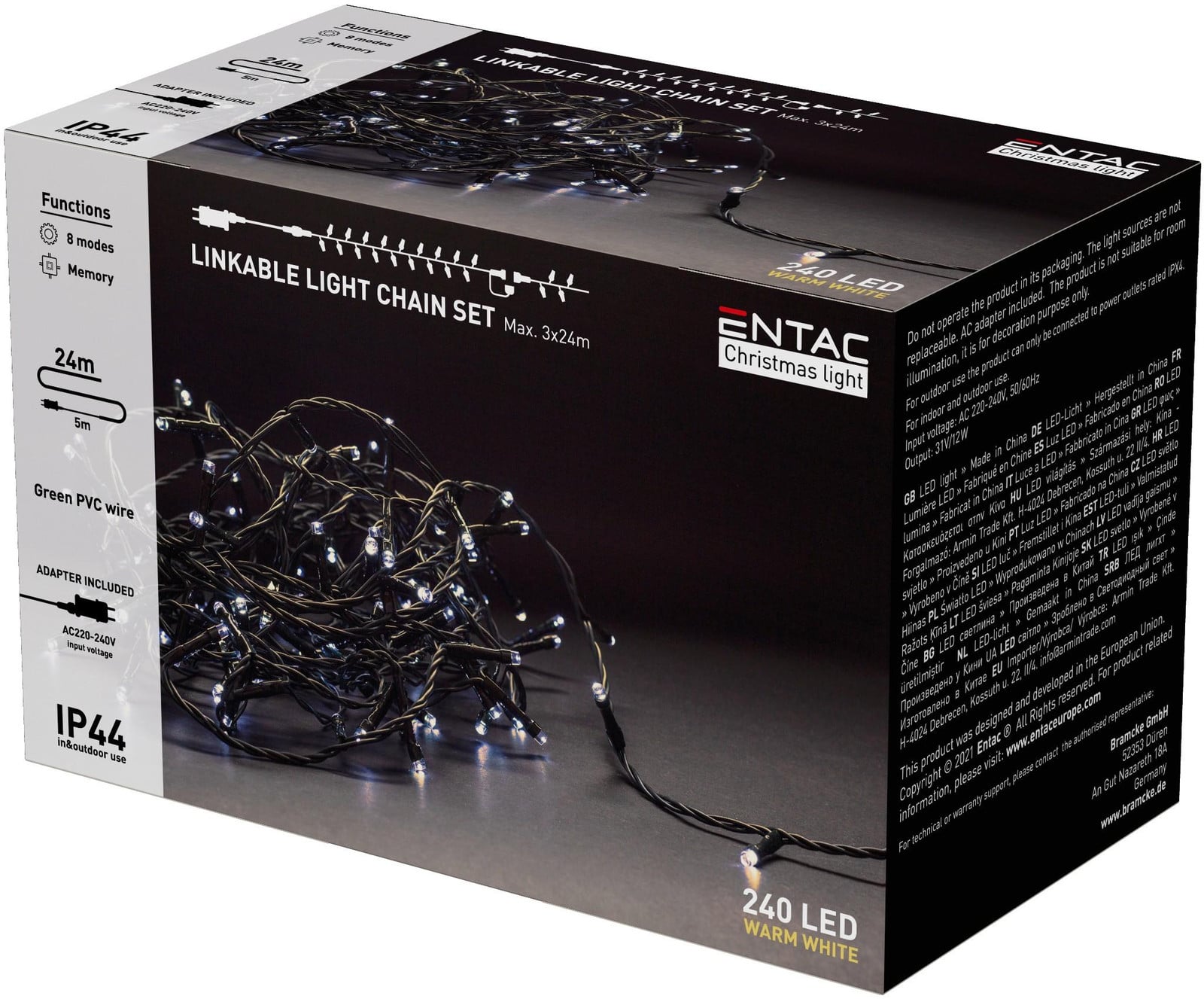 Entac LED Lichtsnoer Kerstverlichting 24m - Warm Wit - Binnen en Buiten - Koppelbaar - Met Adapter