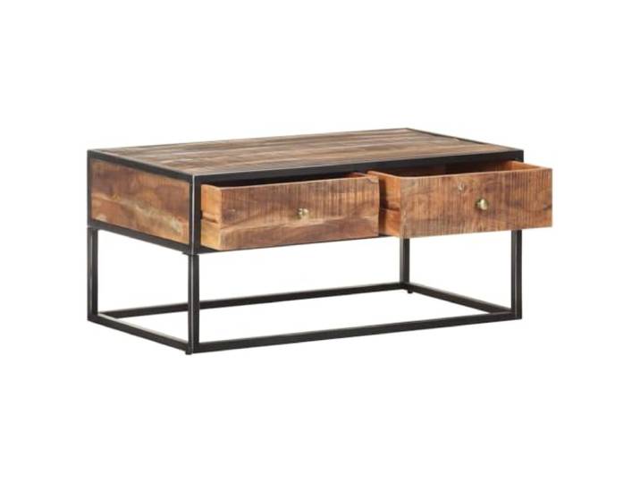 Couchtisch aus massivem Akazienholz, 90x50x40 cm, mit 2 Schubladen Robuste Konstruktion, Maserung vorhanden, 2 Schubladen, Eisenbasis, Industrial Design, Größe 90x50x40 cm