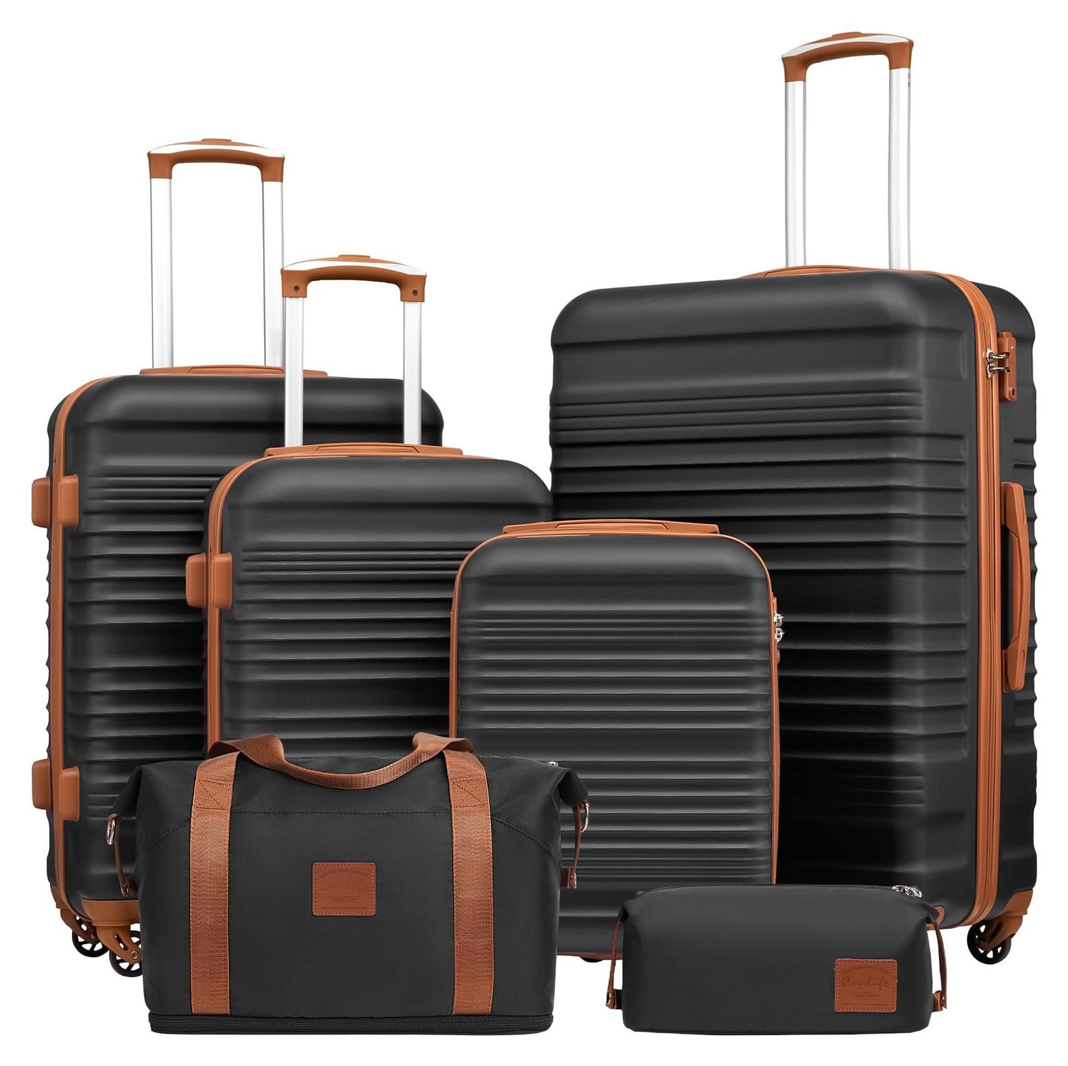 Reisekoffer Set Trolley Koffer - ABS - 4 Rollen - TSA-Schloss - Schwarz und Braun - 6-teilig - Für Reisen und Urlaub