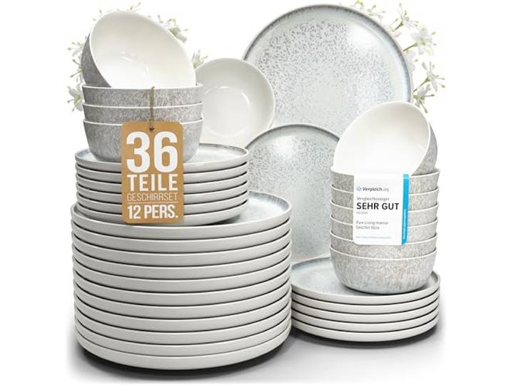 Steingut Geschirrset 12 Personen Ibiza 36 tlg. TESTSIEGER, Traumhaftes Mediterranes Steingut Geschirr Set, Schüssel- und Teller Set, Tafelservice 12 Personen, Geschirrsets Pure Living in Beige