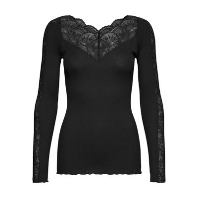 Spitzenshirt ROSEMUNDE "Beatha lace longsleeve mit Seide", Damen, Gr. XS, schwarz, Rippstrick, Obermaterial: 55% Seide, 45% Baumwolle, figurbetont hüftlang, V-Ausschnitt, Shirts, elastisch weiche Vintage-Spitze am Ausschnitt und entlang der Ärmel
