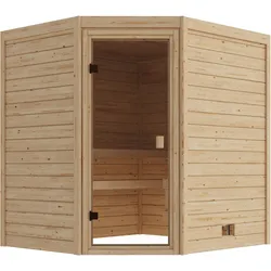 Karibu Sauna Espoo (Eckeinstieg) - 38 mm Massivholz Aktionssauna Bronzierte Ganzglastür Ohne Dachkranz 9 kW Ofen integrierte Steuerung (finnisch)