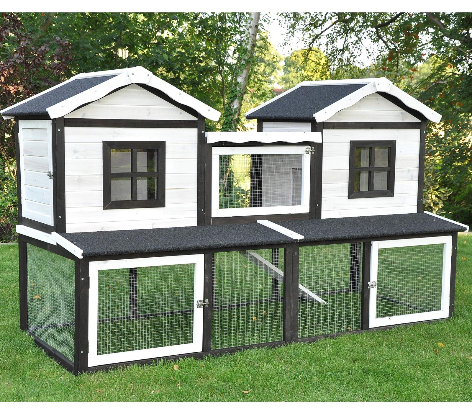 Kaninchenstall Kaninchenhaus Freigehege - 198 x 85 x 120 cm - Dunkelbraun und Weiß - Zwei Etagen - Wetterfest - Für mehrere Kaninchen