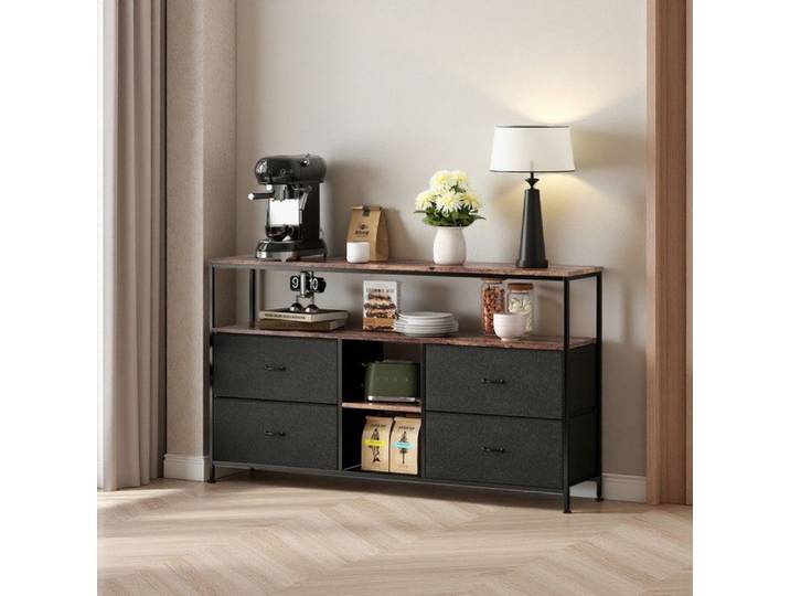 Meuble TV léopard noir 108x76x30cm 4 tiroirs PU éclairage LED RGB 9 modes panneau E1 cadre fer – Style rétro-moderne chaleureux