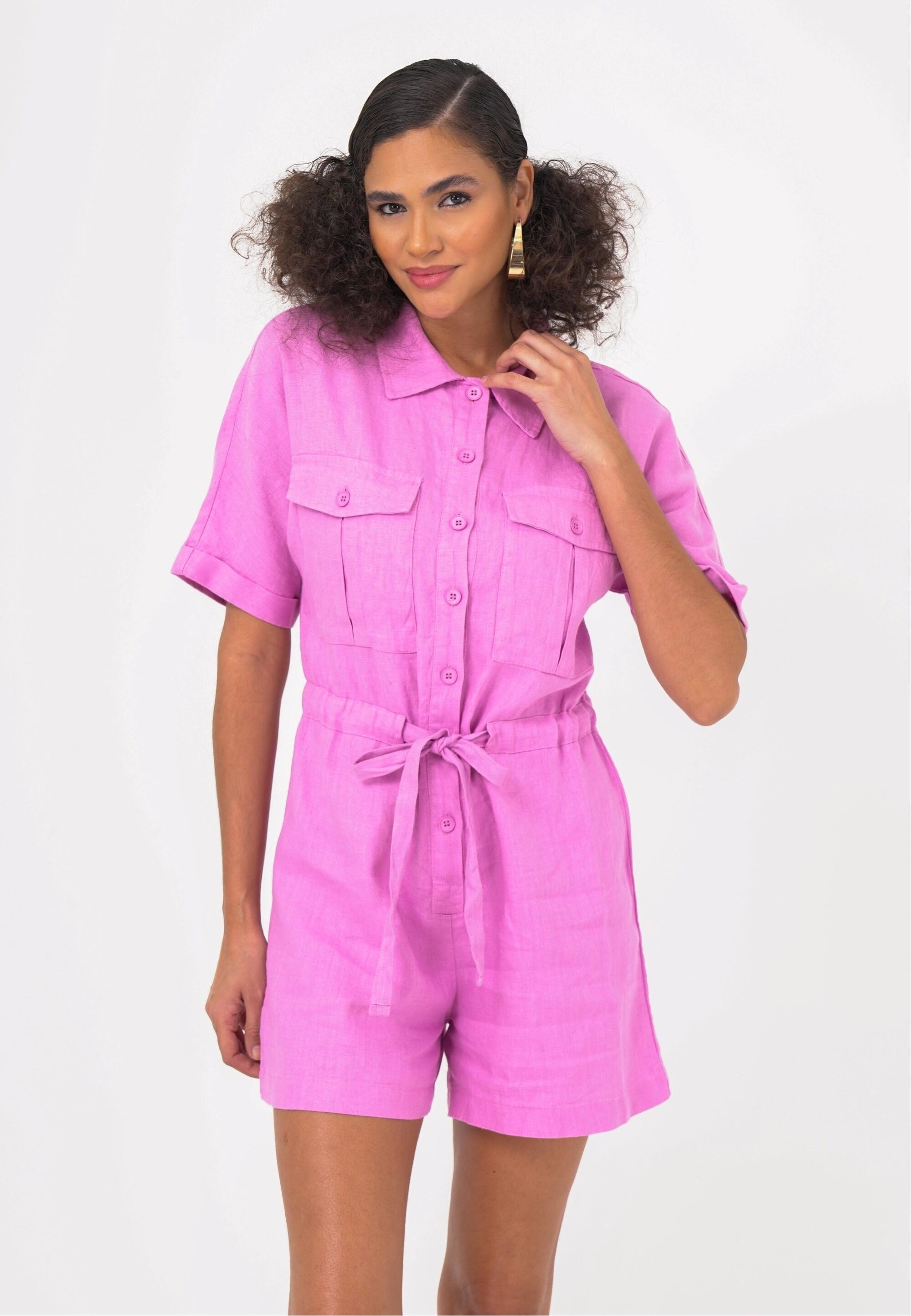 Jumpsuit FRESHLIONS "Livia", Damen, Gr. S, EURO-Größen, pink, 100% Leinen, kurz, ohne Ausschnitt, Overalls Jumpsuit, mit atmungsaktiver Eigenschaft