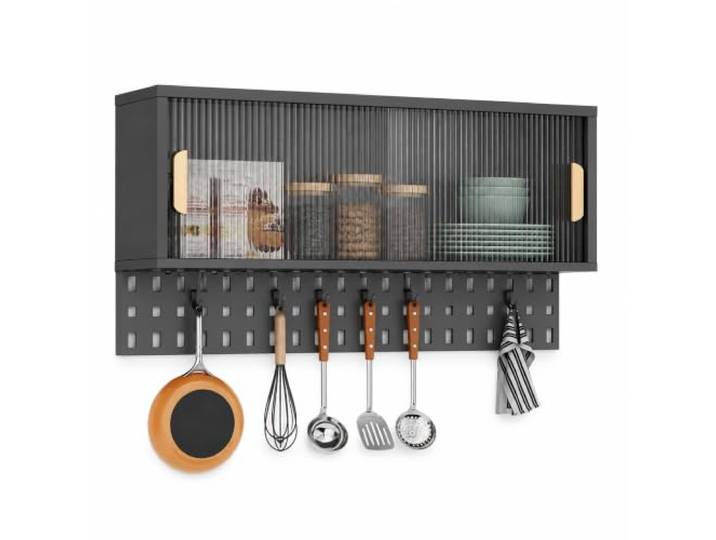 Gtzly Schmaler Küchen Vorratsschrank mit Lochwand, Wandmontierter Organizer Montage Ohne Bohren, Aluminium PET Oberfläche, Küche, Badezimmer, Waschküche, Wohnmobil(Black,70*50cm/28*20in)