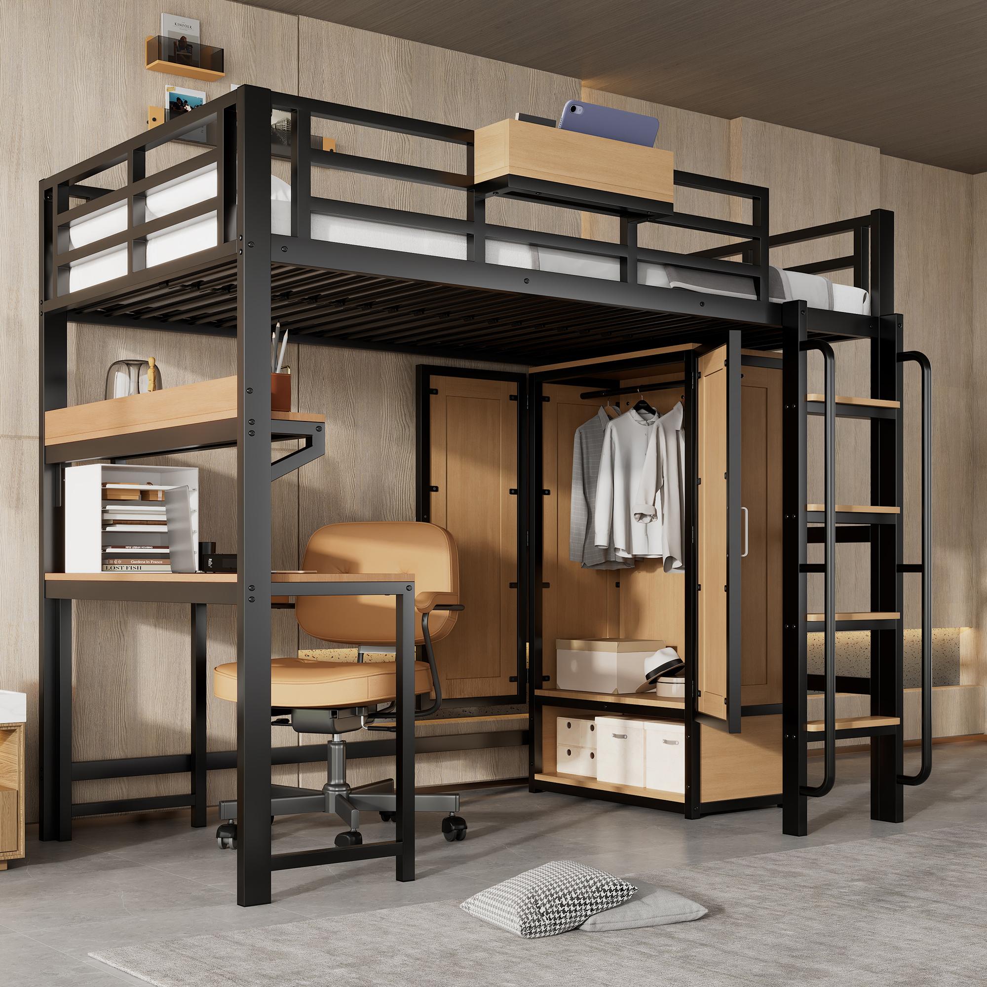 Merax Eisen-Hochbett 90x200cm mit Doppeltür-Kleiderschrank, Treppe mit Handläufen, Etagenbett mit Schreibtisch&Regal, Ablagefächer, Lattenrost,Schwarz