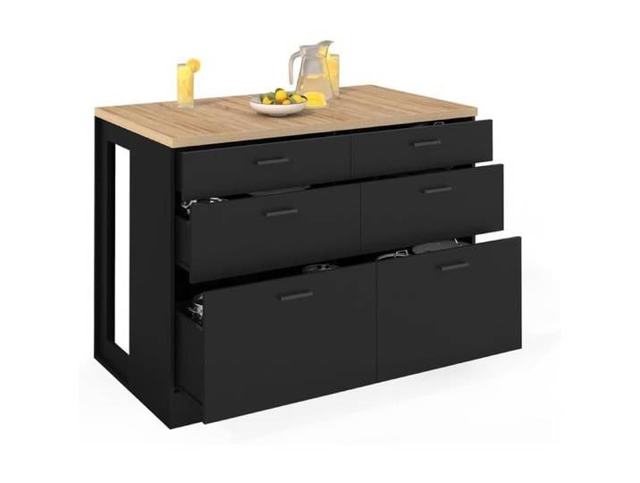 IDMarket Îlot Central Orso 120 cm Casserolier 6 tiroirs Noir et Bois Cuisine