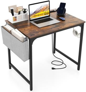 Costway 32 Inch Home Office Desk with Charging Station Storage Bag and Headphone Hook-Rustic Brown