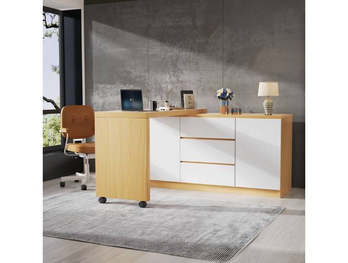 Bureau d'angle Pivotant sur Roulettes - Blanc et Effet Bois Clair - Convertible au Sideboard