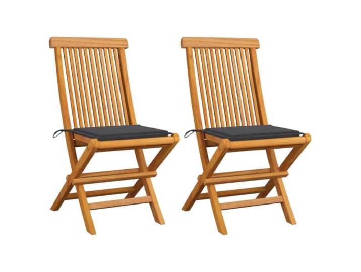 Klappstühle aus Massivholz Teakholz mit anthrazitfarbenen Kissen, 2 Stück Teakholz, witterungsbeständig, glatte Oberfläche, mit Auflagen, klappbar, 110 kg Belastbarkeit