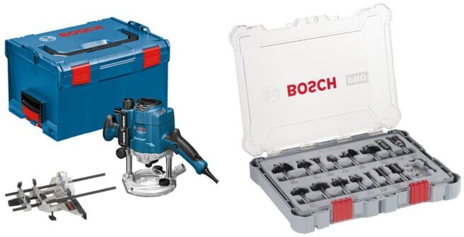 Set BOSCH Oberfräse Holzfräse GOF 1250 CE, mit L-BOXX + Fräser-Set 8-mm-Schaft 15-teilig