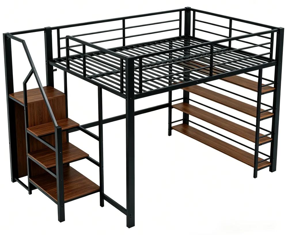 Hohes Einzelbett für Jugendliche - Metallrahmen - 140 x 200 cm - Sicherheitstreppe - Stauraum und kleiner Kleiderschrank - Schwarz