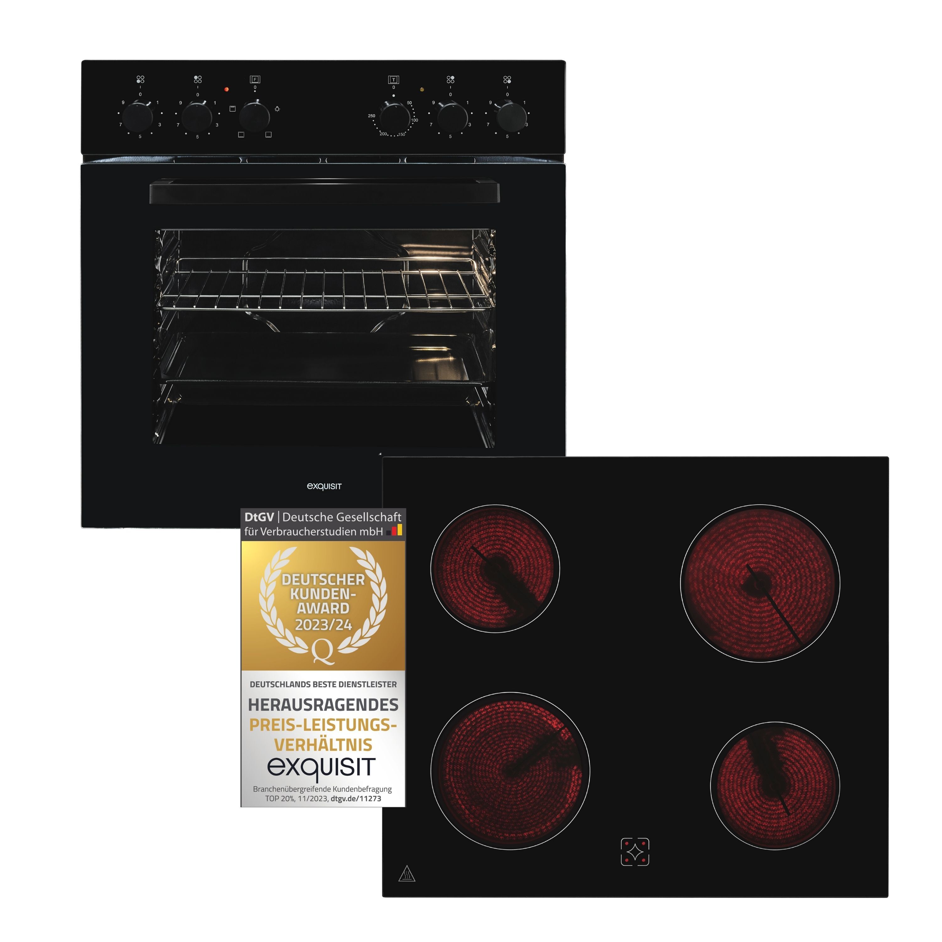 Exquisit Herd-Set EHE246-020-Set schwarz | Energieeffizienzklasse A | 59,0 l Garraum | Glaskeramik Kochfeld | Herd-Set 60 cm