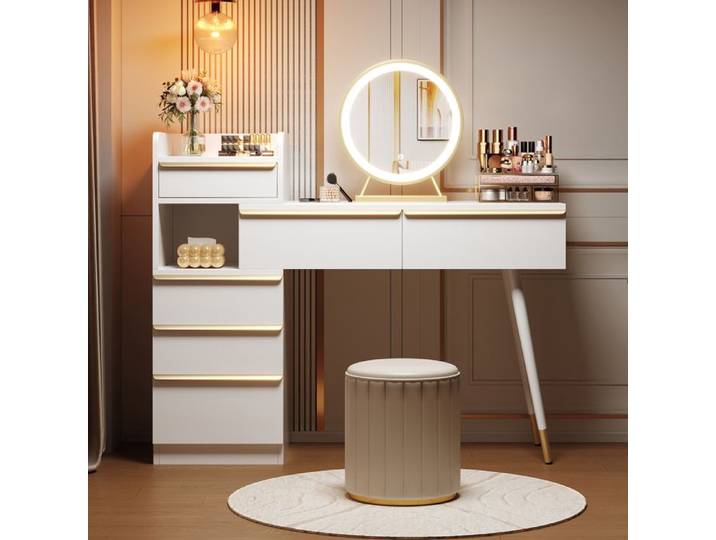 Coiffeuse 100x41 5x102 cm EVRYAE - plateau extensible miroir LED avec 3 couleurs et 6 tiroirs - Blanc