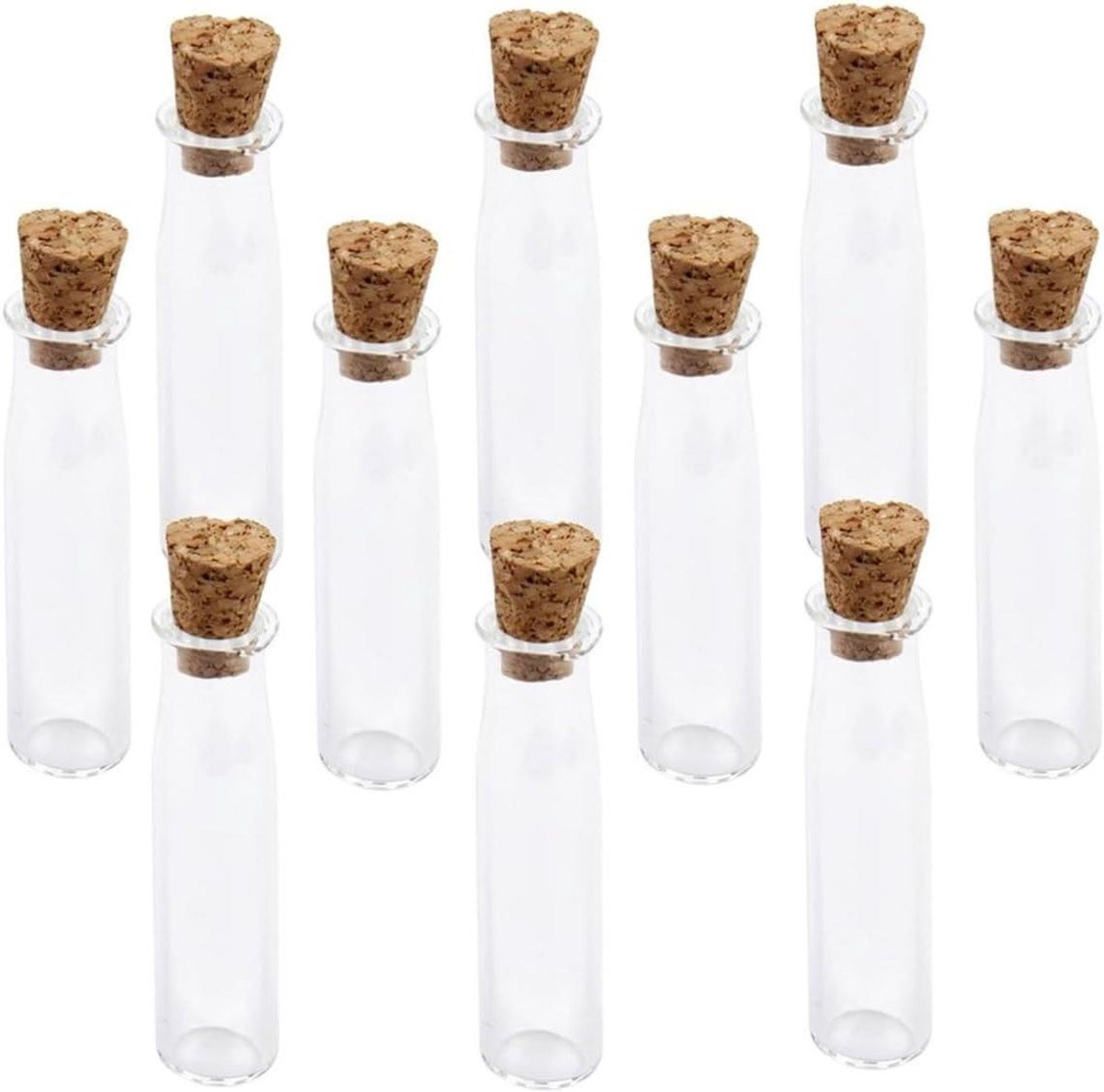 Set van 10 handgemaakte transparante mini glazen wensflesjes met kurk voor decoratie